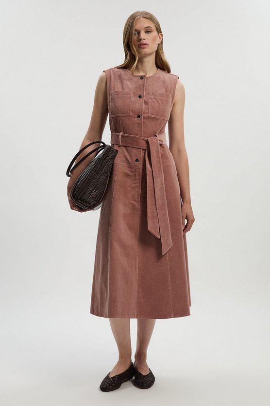 Karen Millen UK SALE Stretch Cord Belted Midi Dress - pink