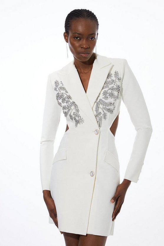 Karen Millen UK SALE Embellished Figure Form Bandage Cut Out Back Blazer Dress - cream