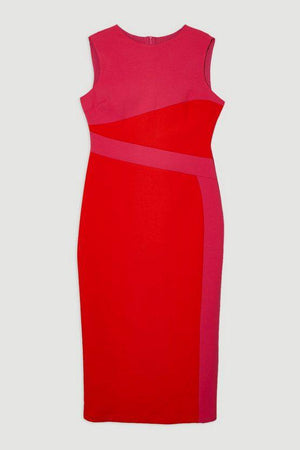 Karen Millen UK SALE Compact Stretch Colourblock Tailored Pencil Dress - hot pink