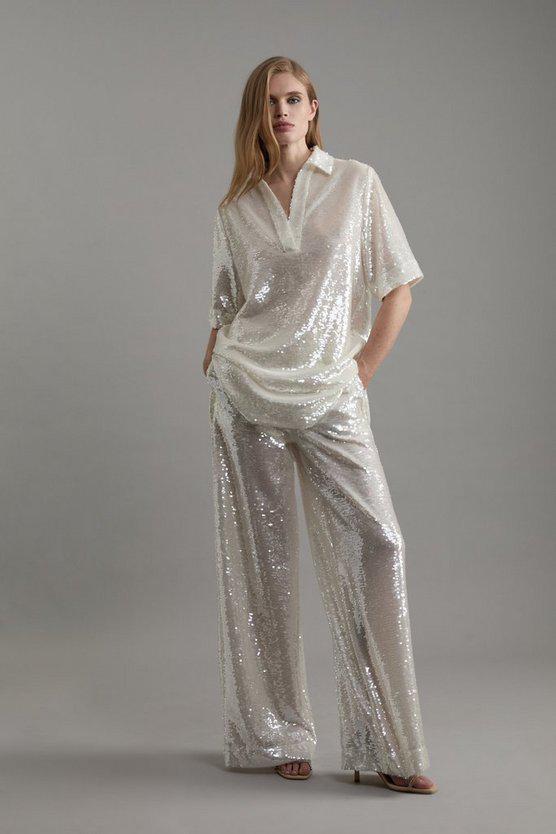 Karen Millen UK SALE Tall Sequin Woven Wide Leg Trouser