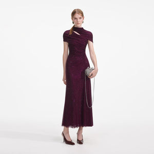 SELF PORTRAIT SS24 Burgundy Rhinestone Mesh Cut Out Midi Dress