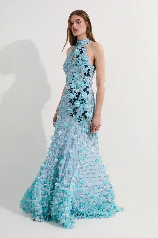 Karen Millen UK SALE Crystal Applique Halterneck Woven Maxi Dress