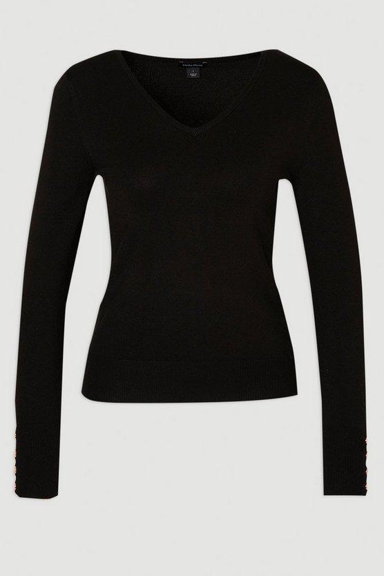 Karen Millen UK SALE Viscose Blend Knitted V Neck Jumper - black