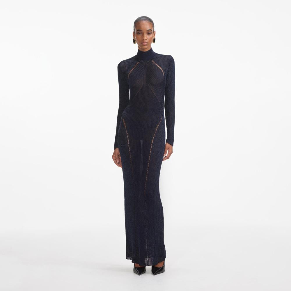 SELF PORTRAIT VIP SS24 Navy Lurex Knit Maxi Dress