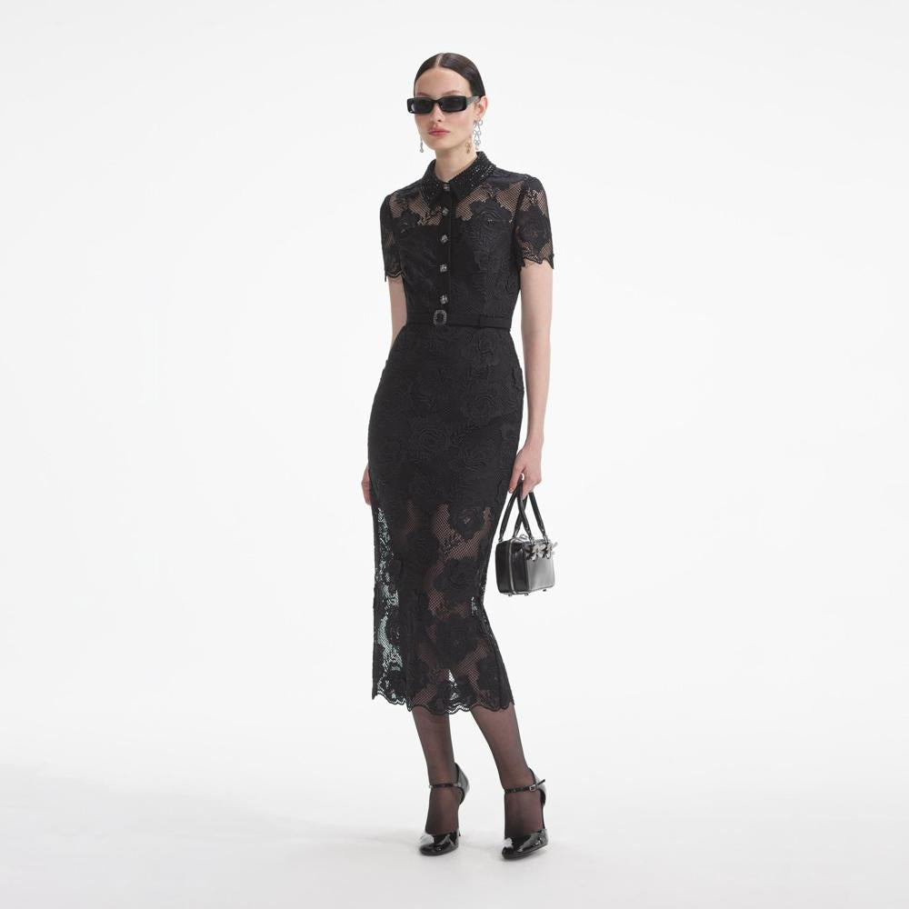 SELF PORTRAIT SS24 Black Lace Diamante Midi Dress