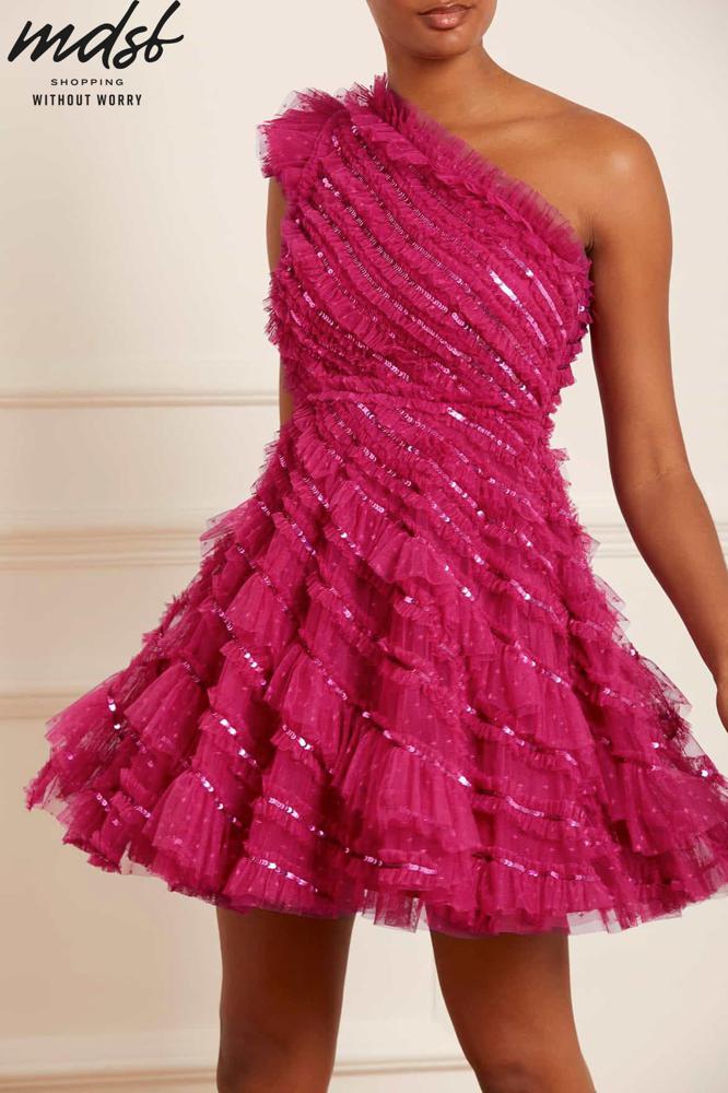 Needle & Thread CHRISTMAS SALE Spiral Sequin One-Shoulder Micro Mini Dress - pink