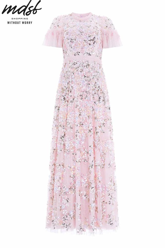 Needle & Thread CHRISTMAS SALE Dream Garland Gloss Round Neck Gown - pink