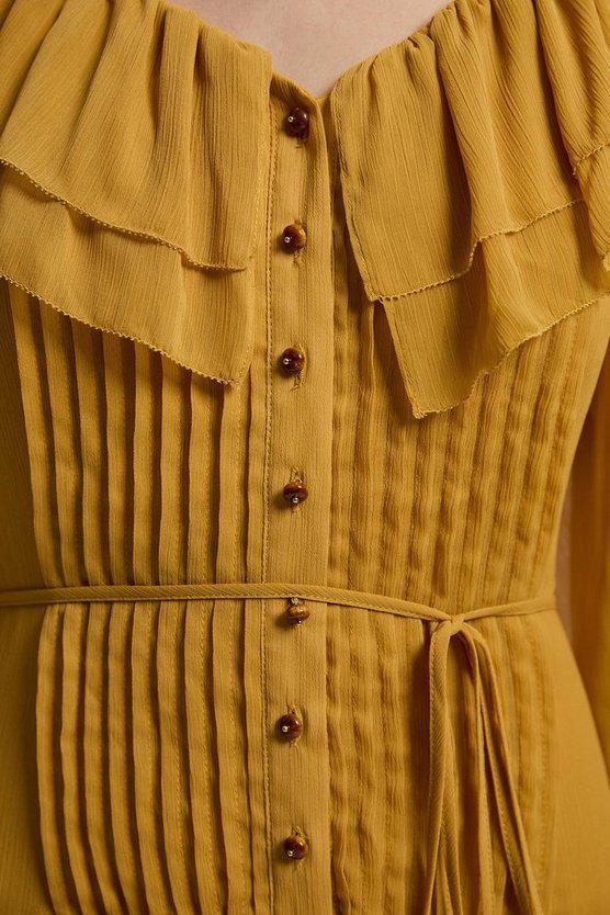 Karen Millen UK SALE Georgette Ruffle Woven Maxi Dress - ochre