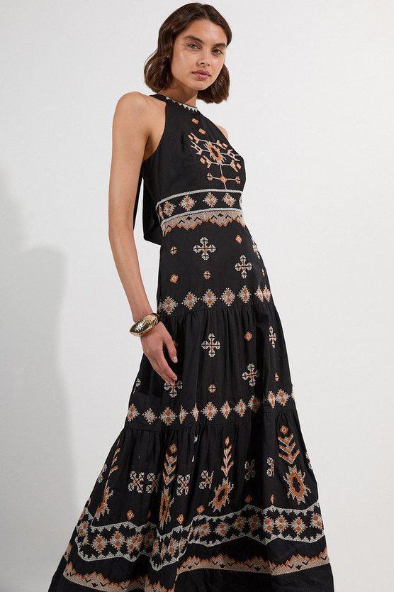 Karen Millen UK SALE Cotton Embroidered Woven Halter Maxi Dress