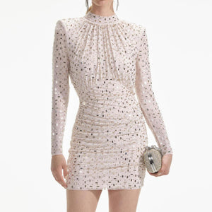 SELF PORTRAIT SS24 Champagne Rhinestone Mesh Mini Dress