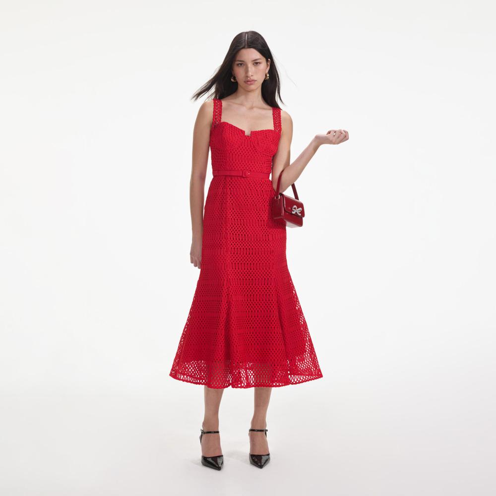 SELF PORTRAIT SS24 Red Lattice Lace Midi Dress