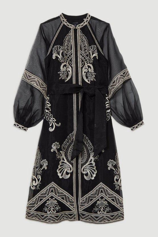 Karen Millen UK SALE Embroidered Organdie Balloon Sleeve Woven Maxi Dress - black