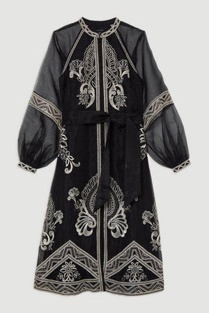 Karen Millen UK SALE Embroidered Organdie Balloon Sleeve Woven Maxi Dress - black