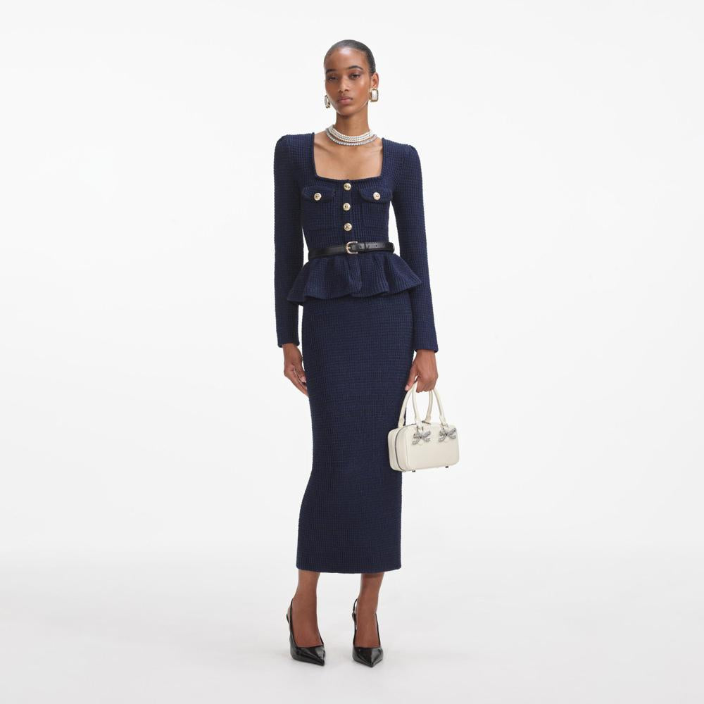 SELF PORTRAIT VIP SS24 Navy Knit Peplum Midi Dress