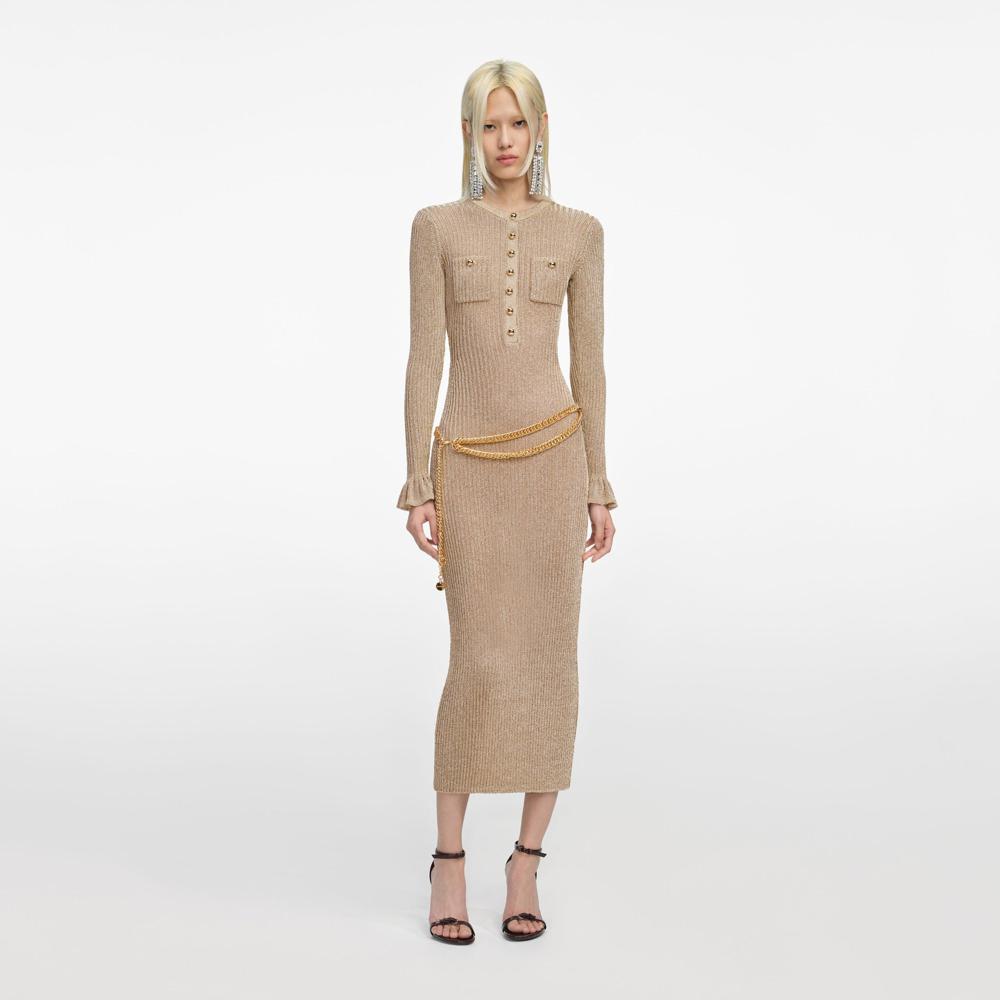 SP VIP PRICE Gold Lurex Ribbed Knit Midi Dress