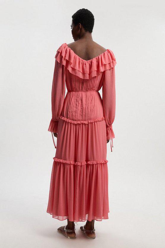 Karen Millen UK SALE Georgette Ruffle Woven Maxi Dress - coral