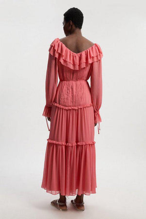 Karen Millen UK SALE Georgette Ruffle Woven Maxi Dress - coral