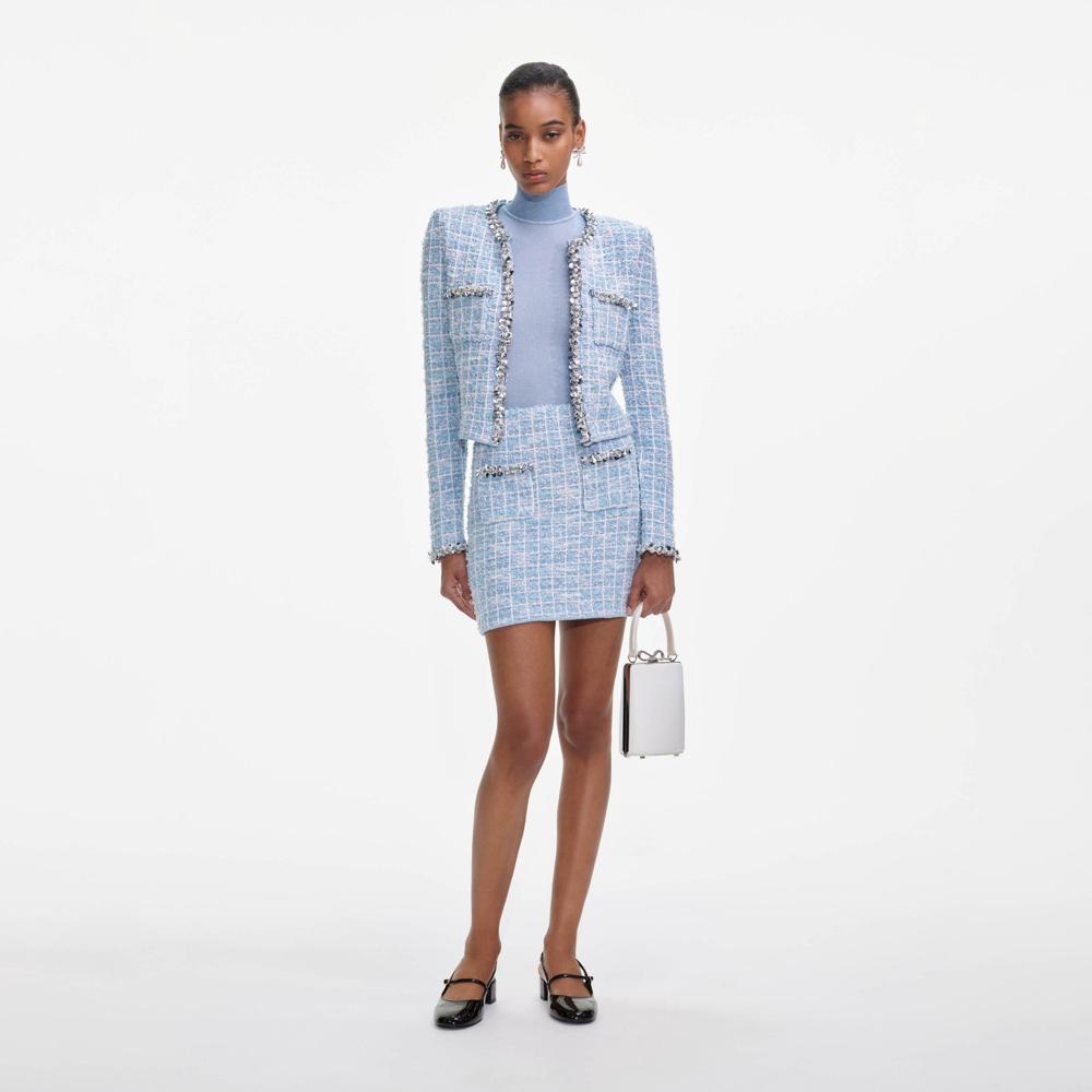SELF PORTRAIT SS25 VIP PRICE Blue Check Knit Mini Skirt