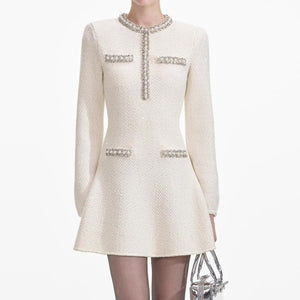 SELF PORTRAIT SS24 Cream Textured Knit Embellished Mini Dress