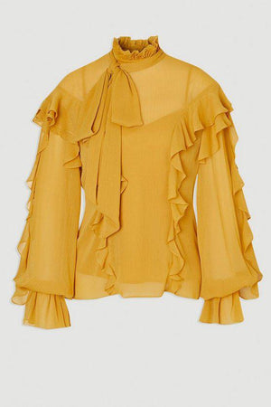 Karen Millen UK SALE Georgette Ruffle Woven Pussy Bow Blouse - ochre