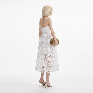 SELF PORTRAIT SS24 White Cotton Lace Tiered Midi Dress