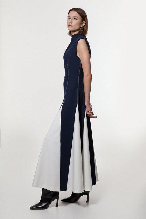 Karen Millen UK SALE Compact Stretch Tailored Colour Block Full Skirted Midi Dress - navy