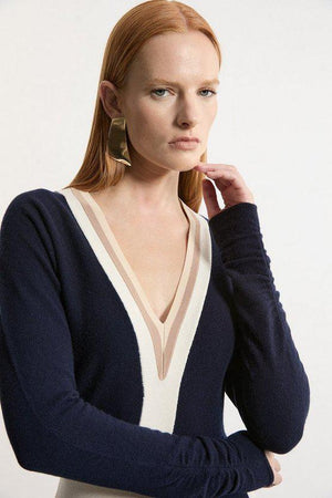 Karen Millen UK SALE Wool Blend With Cashmere V Neck Colour Block Dress - navy