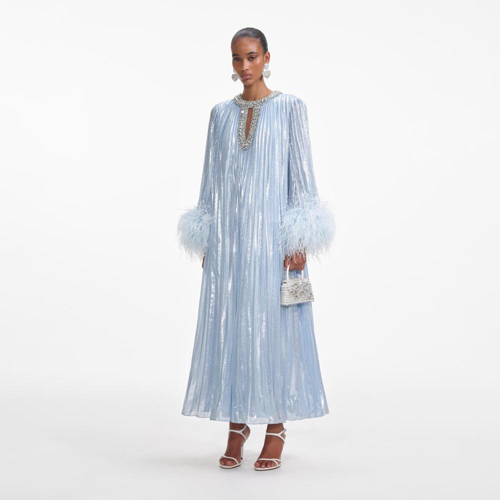 SELF PORTRAIT SS24 Blue Metallic Chiffon Feather Midi Dress