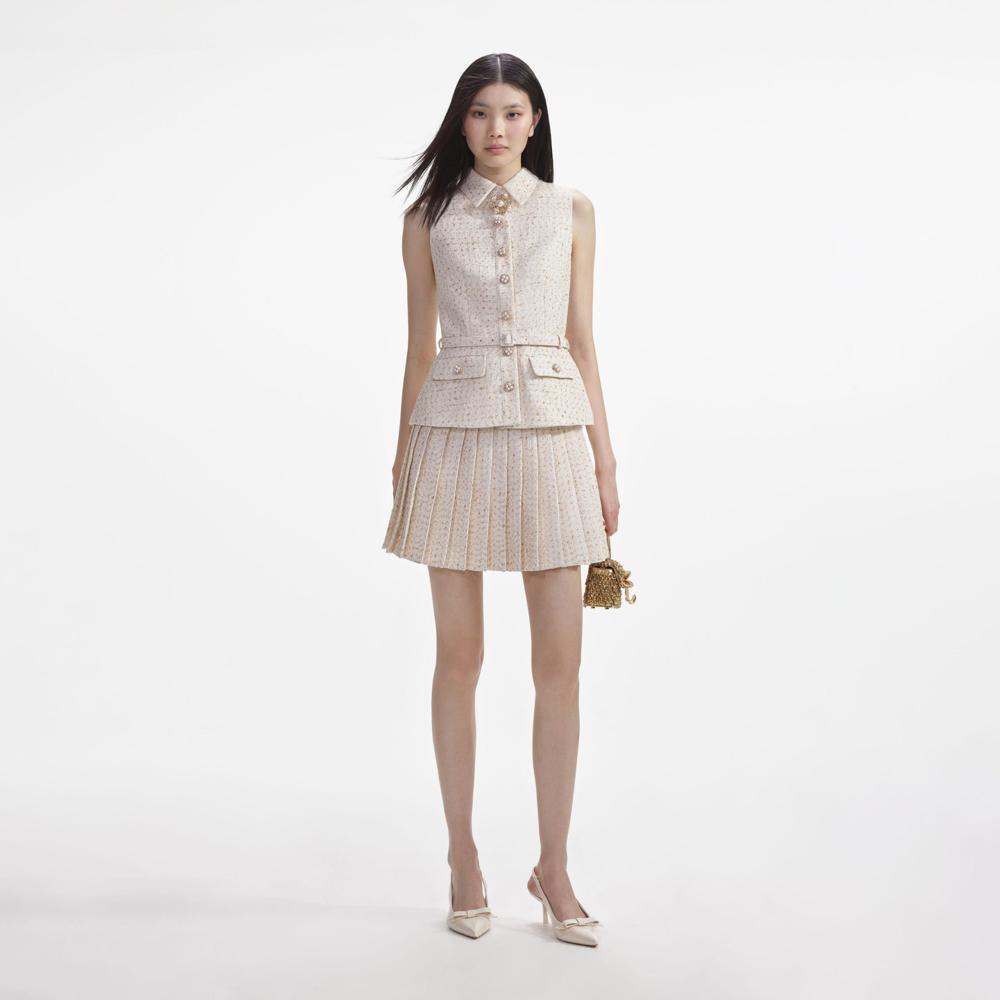 SELF PORTRAIT SS24 Cream Metallic Boucle Tailored Mini Dress