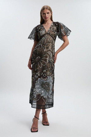 Karen Millen UK SALE Hand Embroidered And Sequin Organdie Deep V Woven Maxi Dress