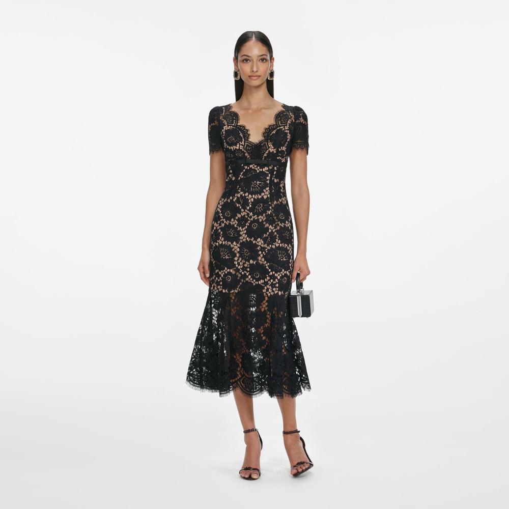 SP VIP PRICE Black Floral Lace Midi Dress