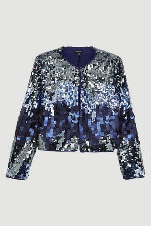 Karen Millen UK SALE Strong Shoulder Disco Sequin Woven Cropped Jacket