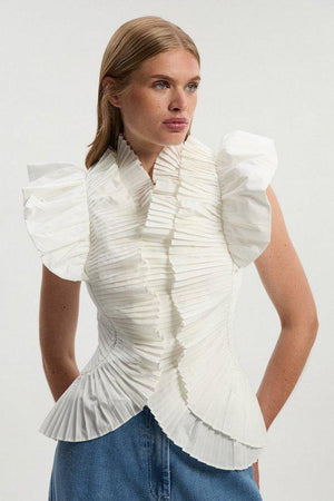 Karen Millen UK SALE Pleated Ruffle Sleeve Woven Top - ivory