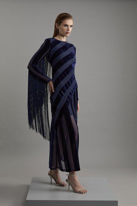 Karen Millen UK SALE Petite Fringed Velvet Devore Long Sleeve Woven Maxi Dress