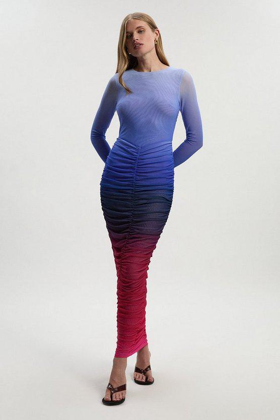 Karen Millen UK SALE Ombre Printed Mesh Ruched Long Sleeve Maxi Dress - purple