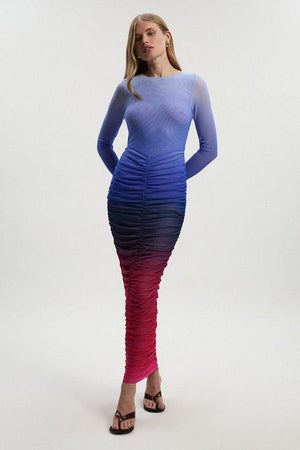 Karen Millen UK SALE Ombre Printed Mesh Ruched Long Sleeve Maxi Dress - purple