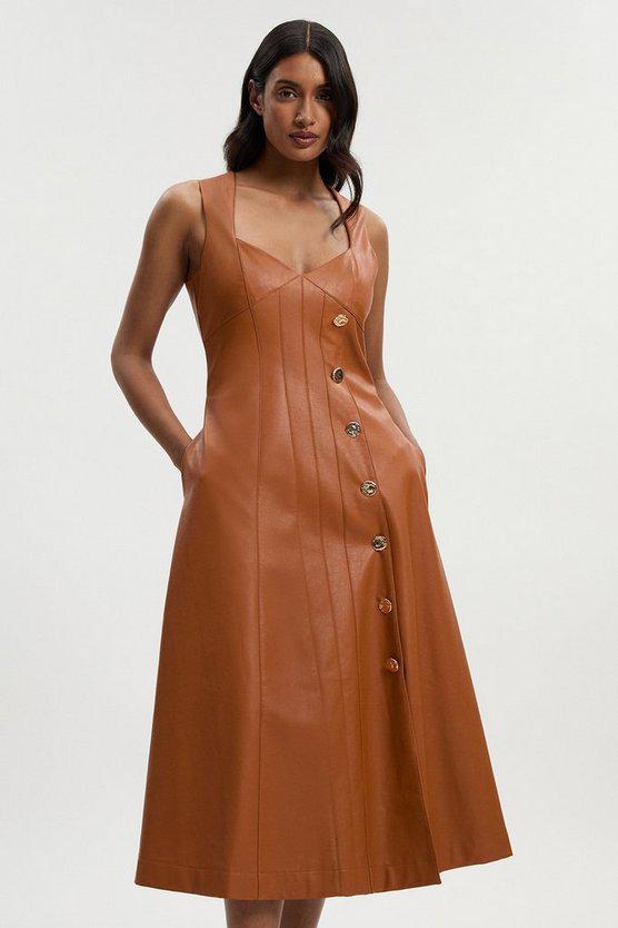 Karen Millen UK SALE Faux Leather Button Detail Sleeveless Midi Dress