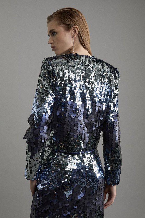 Karen Millen UK SALE Strong Shoulder Disco Sequin Woven Cropped Jacket