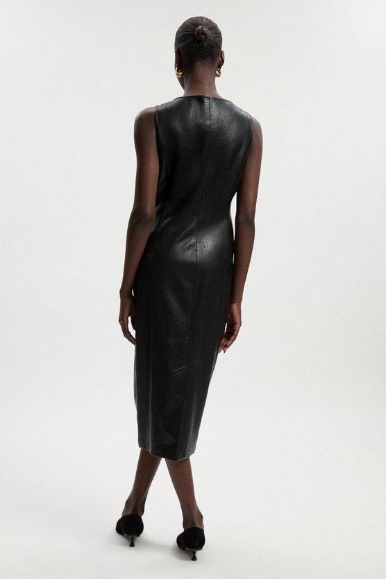 Karen Millen UK SALE Faux Leather Button Detail Midi Pencil Dress - black