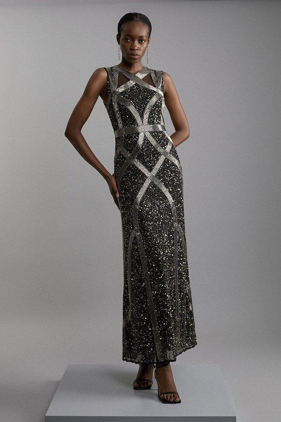 Karen Millen UK SALE Embellished And Beaded Woven Maxi Dress