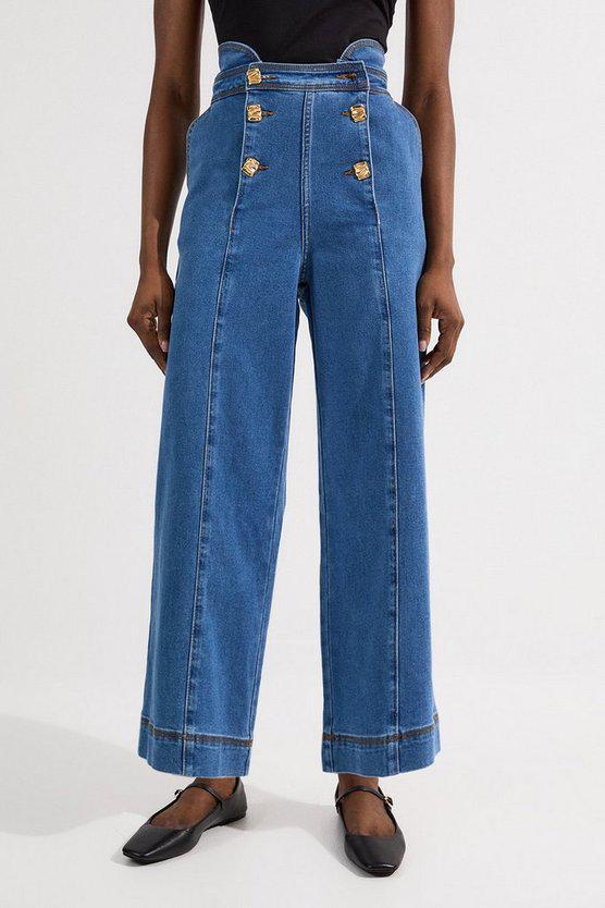 Karen Millen UK SALE Denim Button Front Culottes Trousers - mid blue