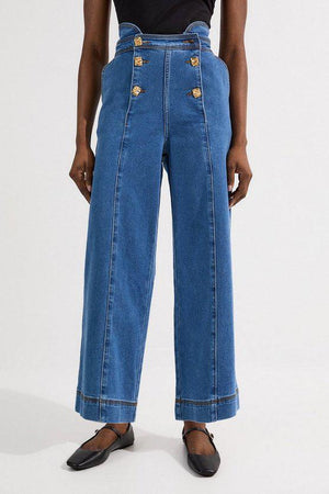 Karen Millen UK SALE Denim Button Front Culottes Trousers - mid blue