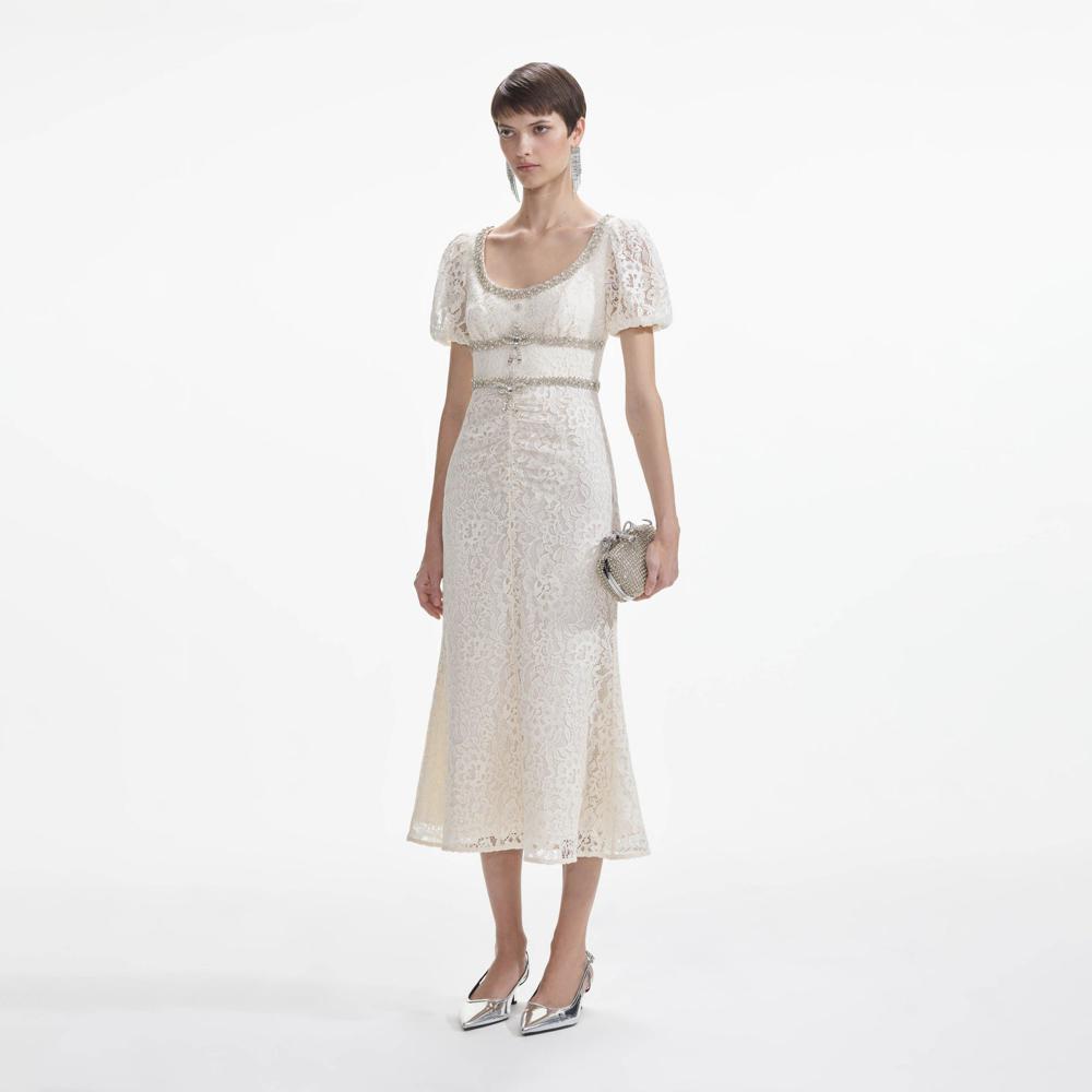 SELF PORTRAIT SS24 Cream Lace Diamante Trim Midi Dress