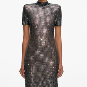 SP VIP PRICE Gunmetal Rhinestone Mesh Midi Dress