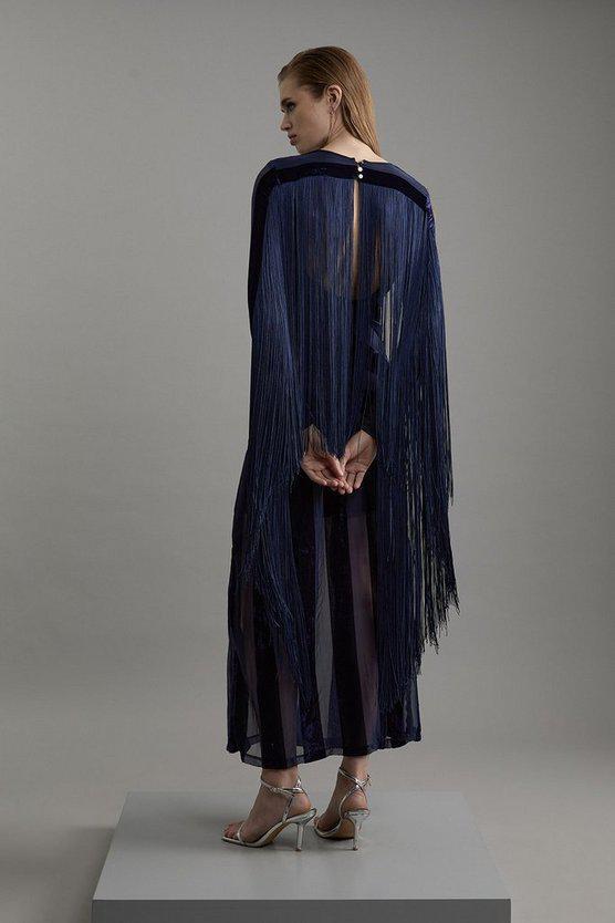 Karen Millen UK SALE Petite Fringed Velvet Devore Long Sleeve Woven Maxi Dress