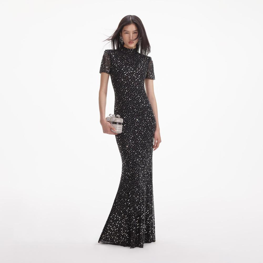 SELF PORTRAIT SS24 Black Square Rhinestone Mesh Maxi Dress