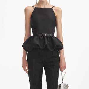 SELF PORTRAIT SS24 Black Taffeta Peplum Top