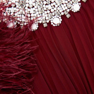 SP VIP PRICE Burgundy Chiffon Feather Midi Dress