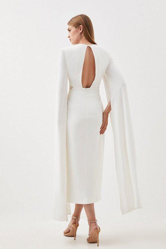 Karen Millen UK SALE Tailored Compact Stretch Viscose Cape Mesh Panel Midi Dress - ivory