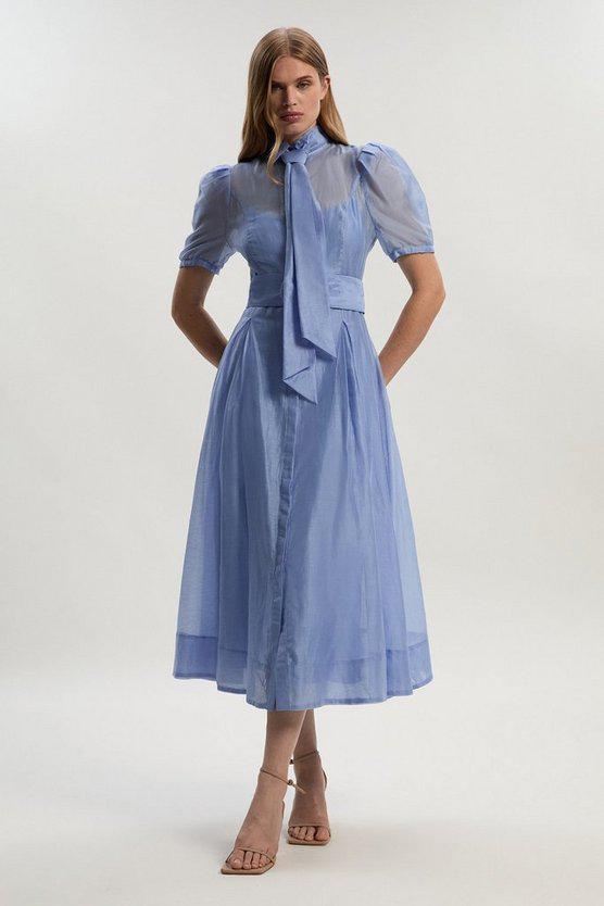 Karen Millen UK SALE Organdie Tie Neck Woven Midi Dress - light blue